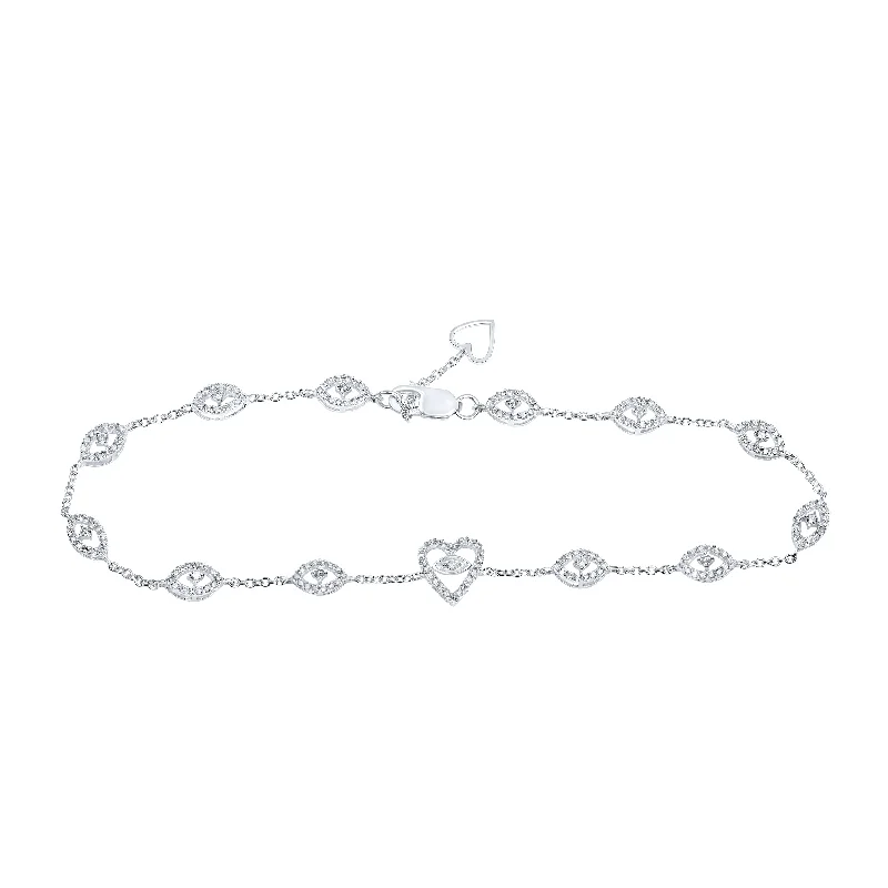 10kt White Gold Womens Round Diamond Heart Bracelet 1/2 Cttw