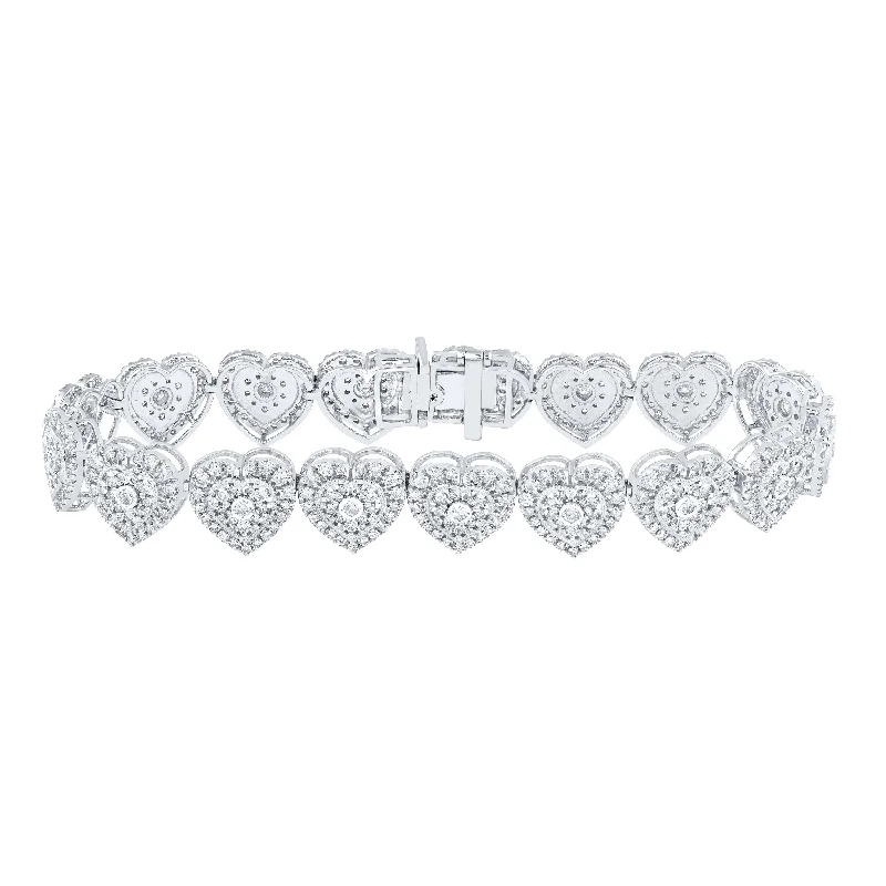 10kt White Gold Womens Round Diamond Heart Bracelet 3-7/8 Cttw