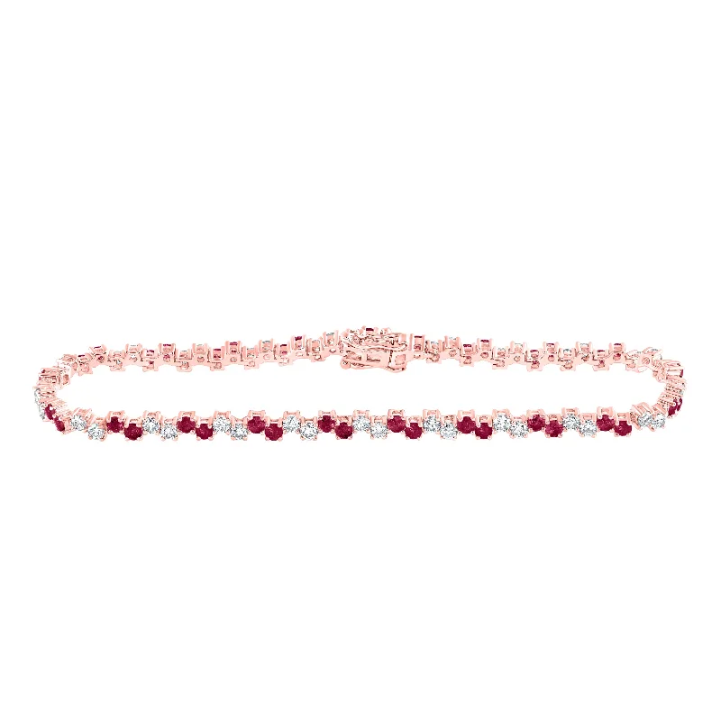 14kt Rose Gold Womens Round Ruby Diamond Tennis Bracelet 3-5/8 Cttw