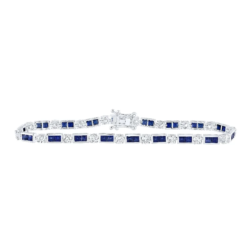 14kt White Gold Womens Princess Blue Sapphire Diamond Tennis Bracelet 7-1/4 Cttw