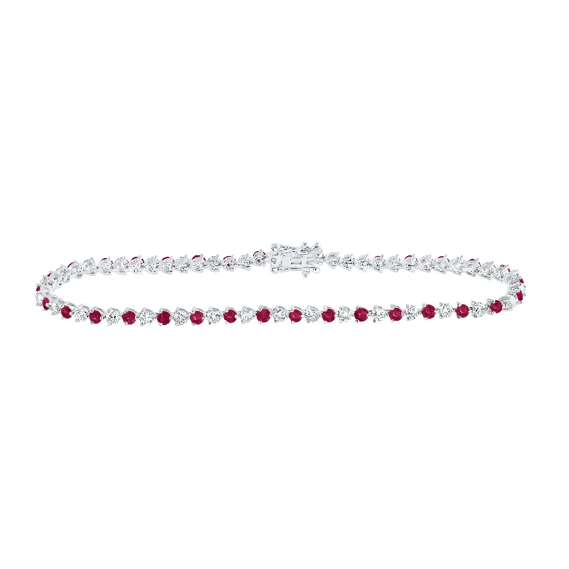 14kt White Gold Womens Round Ruby Diamond Tennis Bracelet 3-1/4 Cttw