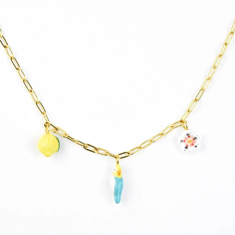 Blue Budgie Bird, Lemon & Flower Necklace