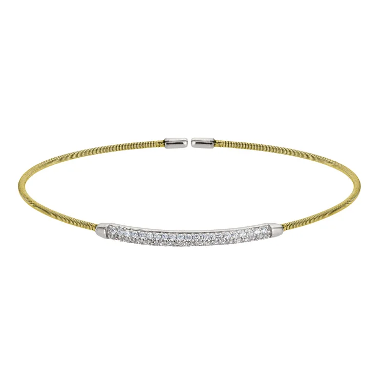 Gold Finish Sterling Silver Single Cable Cuff Bracelet with Rhodium Finish Double Row Simulated Diamonds