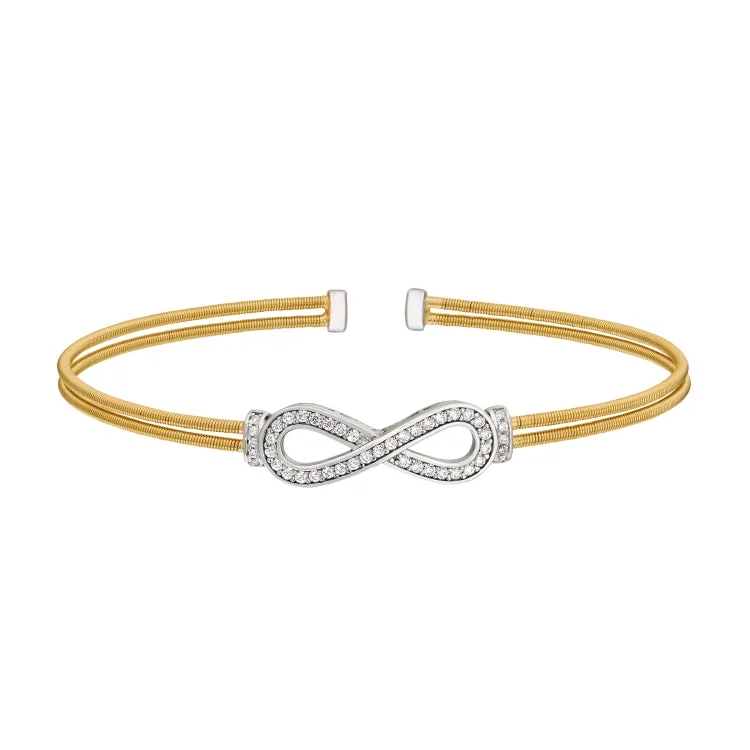 Gold Finish Sterling Silver Two Cable Cuff Bracelet with Rhodium Finish Simulated Diamond Figure Eight Eternity