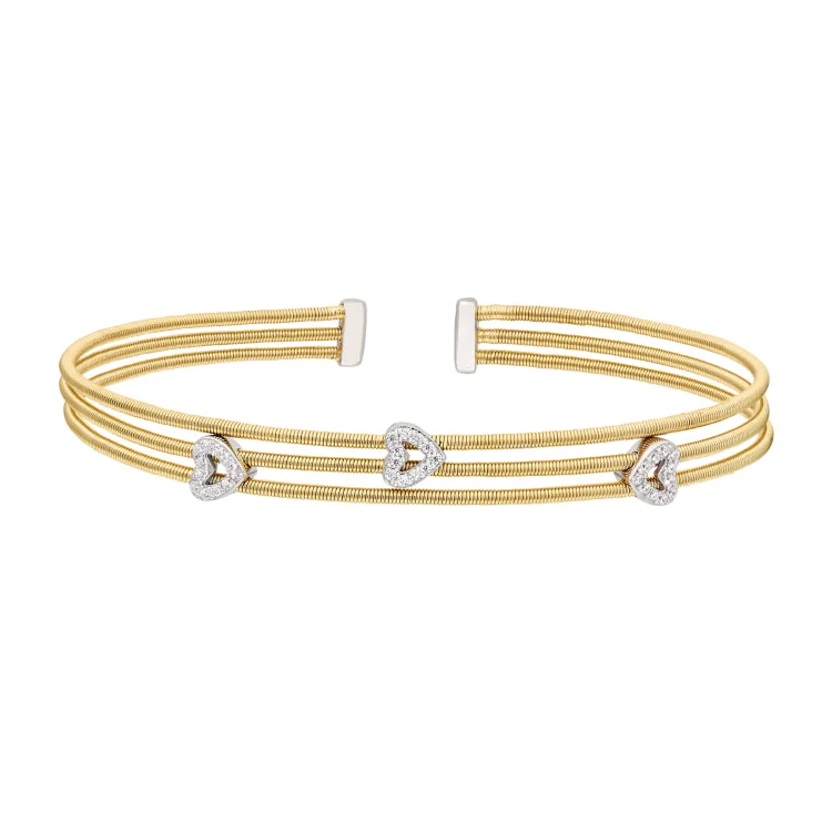 Gold Finish Sterling Silver Three Cable Cuff Bracelet with Rhodium Finish Simulated Diamond Open Hearts