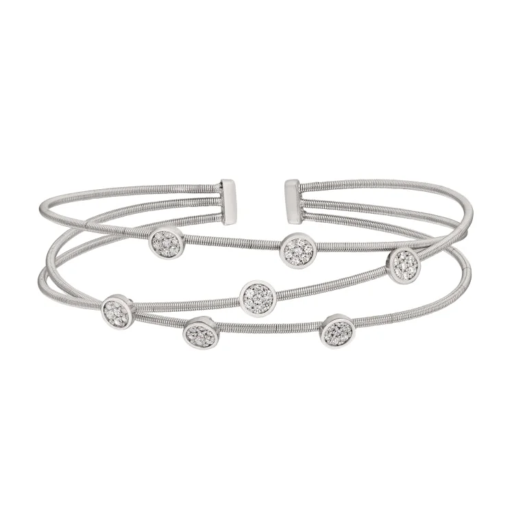 Rhodium Finish Sterling Silver Three Cable Cuff Bracelet with Rhodium Finish Simulated Diamond Small Circles