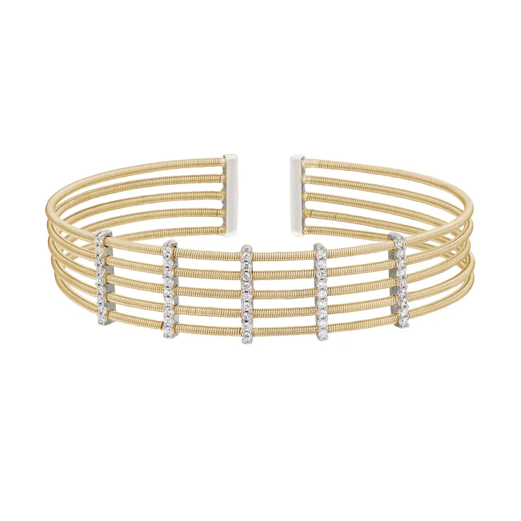 Gold Finish Sterling Silver Multi Cable Cuff Bracelet with Rhodium Finish Simulated Diamond Vertical Bars