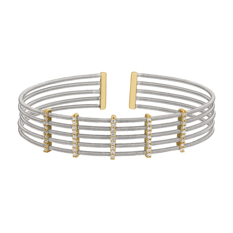 Rhodium Finish Sterling Silver Multi Cable Cuff Bracelet with Gold Finish Simulated Diamond Vertical Bars