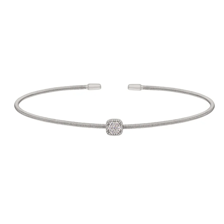 Rhodium Finish Sterling Silver Single Cable Cuff Bracelet with Rhodium Finish Simulated Diamonds