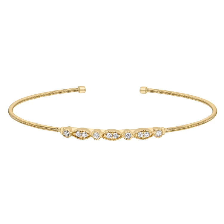 Gold Finish Sterling Silver Cable Cuff Bracelet with Simulated Diamond Marquis & Round Design