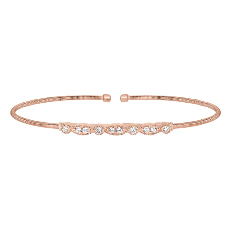 Rose Gold Finish Sterling Silver Cable Cuff Bracelet with Simulated Diamond Marquis & Round Design