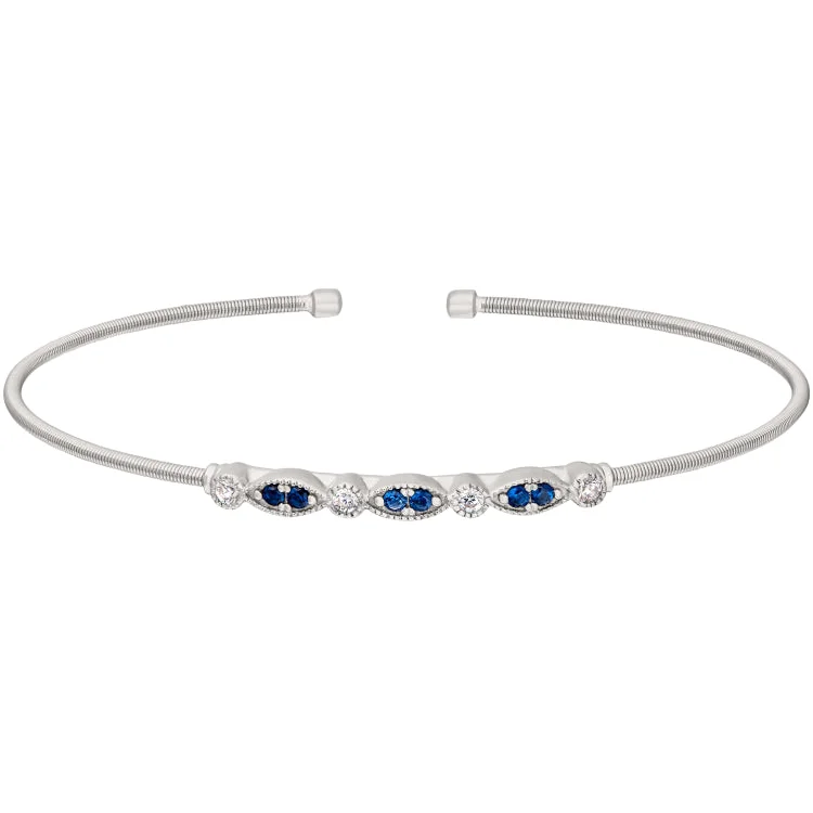 Rhodium Finish Sterling Silver Cable Cuff Bracelet with Simulated Blue Sapphire and Simulated Diamond Marquis & Round Design