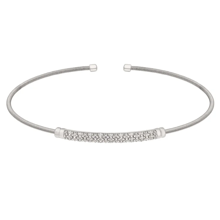 Rhodium Finish Sterling Silver Cable Cuff Bracelet with Three Rows of Simulated Diamond Birth Gems - April