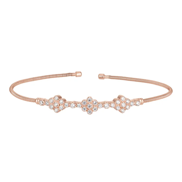 Rose Gold Finish Sterling Silver Cable Cuff Bracelet with Three Clusters of Simulated Diamonds