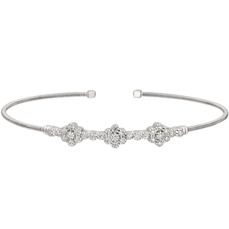 Rhodium Finish Sterling Silver Cable Cuff Bracelet with Three Clusters of Simulated Diamonds