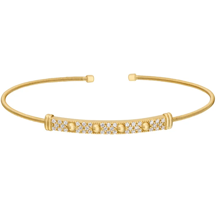 Gold Finish Sterling Silver Cable Cuff Bracelet with Four Beads & Simulated Diamonds