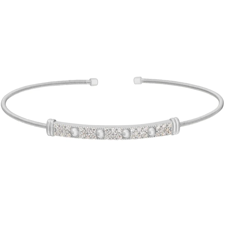 Rhodium Finish Sterling Silver Cable Cuff Bracelet with Four Beads & Simulated Diamonds