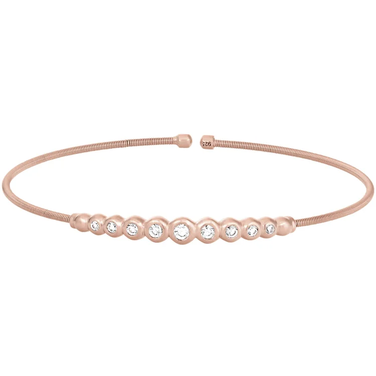 Rose Gold Finish Sterling Silver Cable Cuff Bracelet with Graduated Simulated Diamonds