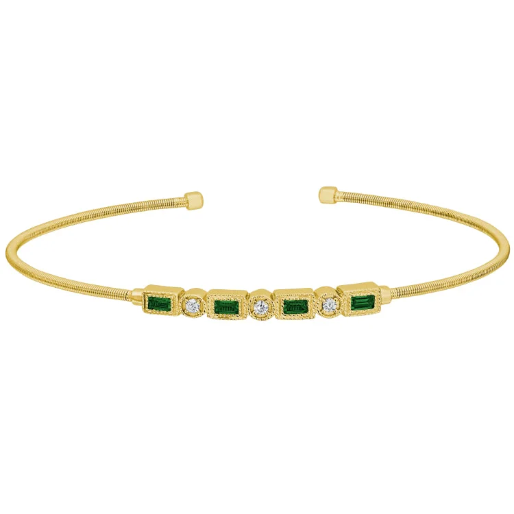 Gold Finish Sterling Silver Cable Cuff Bracelet with Simulated Emeralds and Simulated Diamonds