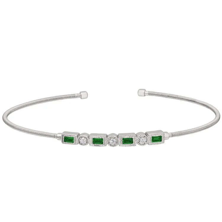 Rhodium Finish Sterling Silver Cable Cuff Bracelet with Simulated Emeralds and Simulated Diamonds