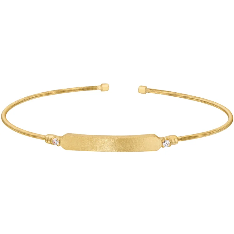 Gold Finish Sterling Silver Cable Cuff Bracelet with Name Plate and Simulated Diamond Birth Gems - April