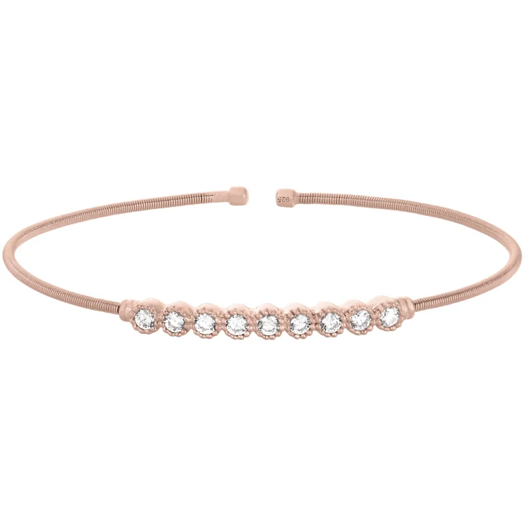 Rose Gold Finish Sterling Silver Cable Cuff Bracelet with Beaded Bezel Set Simulated Diamonds