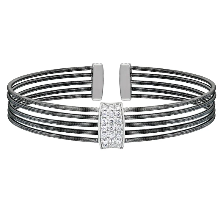 Black Rhodium Finish Sterling Silver Multi Cable Cuff Bracelet with Rhodium Finish Simulated Diamond Three Rows