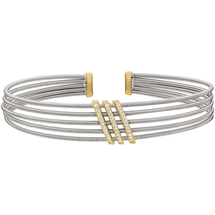 Rhodium Finish Sterling Silver Multi Cable Cuff Bracelet with Gold Finish Simulated Diamond Three Diagonal Bars