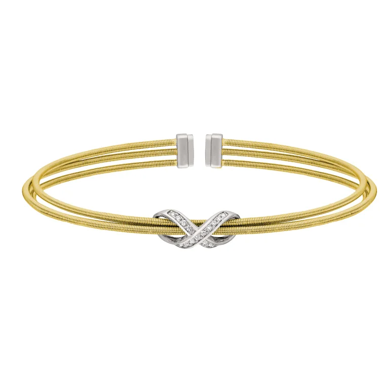 Gold Finish Sterling Silver Three Cable Cuff Bracelet with Rhodium Finish Simulated Diamond Infinity