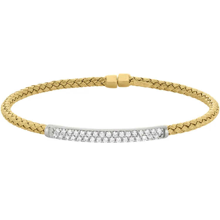 Gold Finish Sterling Silver Basketweave Cuff Bracelet with Rhodium Finish Simulated Diamonds