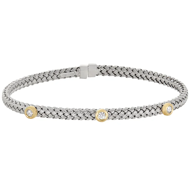 Rhodium Finish Sterling Silver Basketweave Cuff Bracelet with Gold Finish Bezel Set Simulated Diamonds