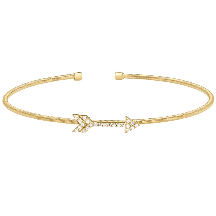 Gold Finish Sterling Silver Cable Cuff Arrow Bracelet with Simulated Diamonds