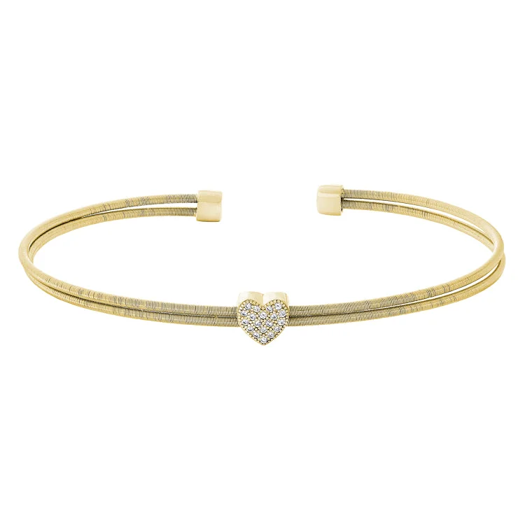 Gold Finish Sterling Silver Two Cable Cuff Bracelet with Simulated Diamond Heart