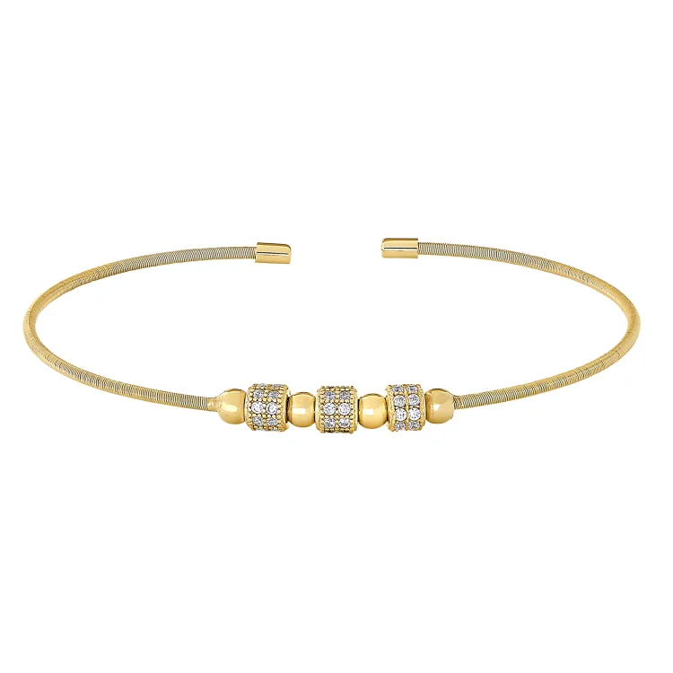 Gold Finish Sterling Silver Cable Cuff Bracelet with Three Spinning Simulated Diamond Beads