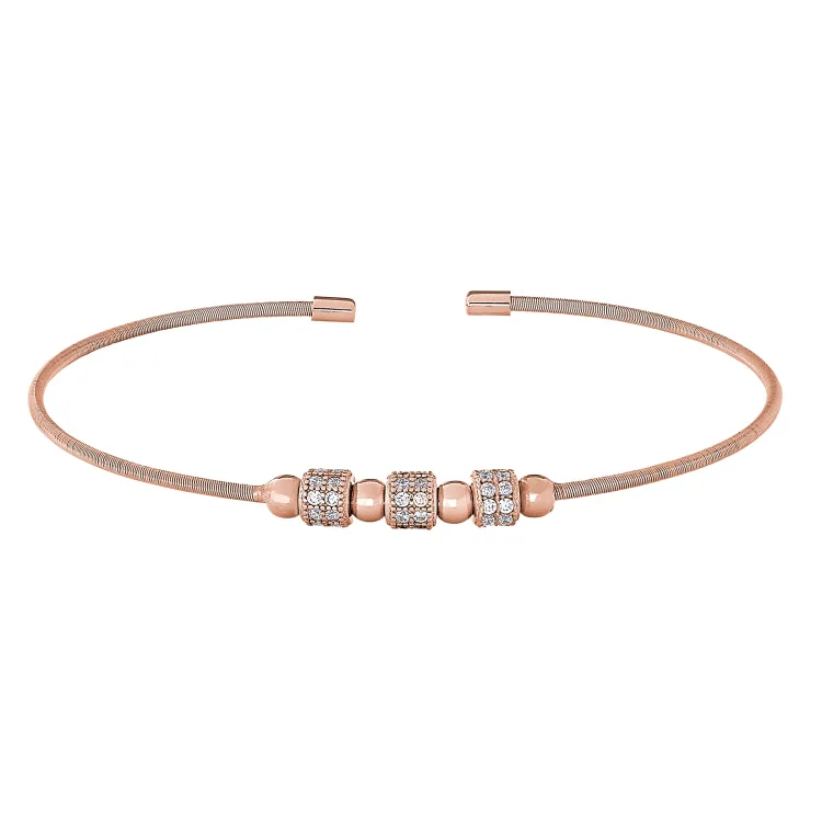 Rose Gold Finish Sterling Silver Cable Cuff Bracelet with Three Spinning Simulated Diamond Beads