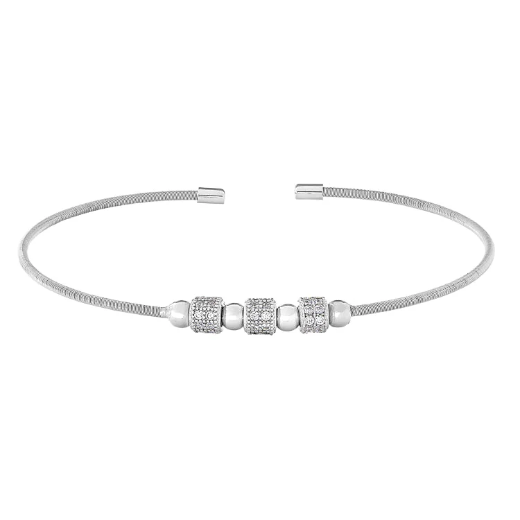 Rhodium Finish Sterling Silver Cable Cuff Bracelet with Three Spinning Simulated Diamond Beads