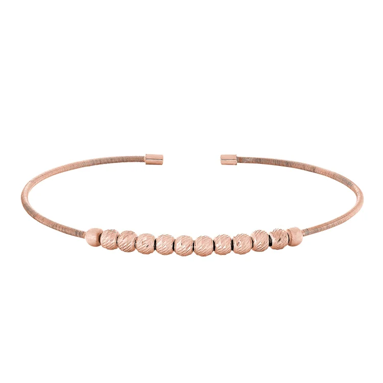 Rose Gold Finish Sterling Silver Cable Cuff Bracelet with Ten Diamond Cut Spinning Beads