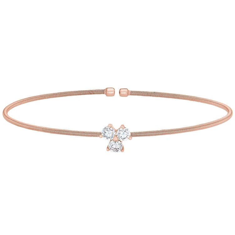 Rose Gold Finish Sterling Silver Cable Cuff Bracelet with Three Round Simulated Diamonds