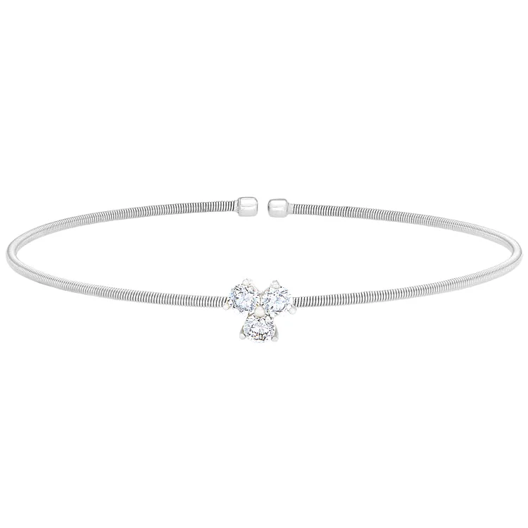 Rhodium Finish Sterling Silver Cable Cuff Bracelet with Three Round Simulated Diamonds