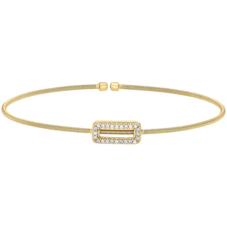 Gold Finish Sterling Silver Cable Cuff Bracelet with Simulated Diamond Open Rectangle