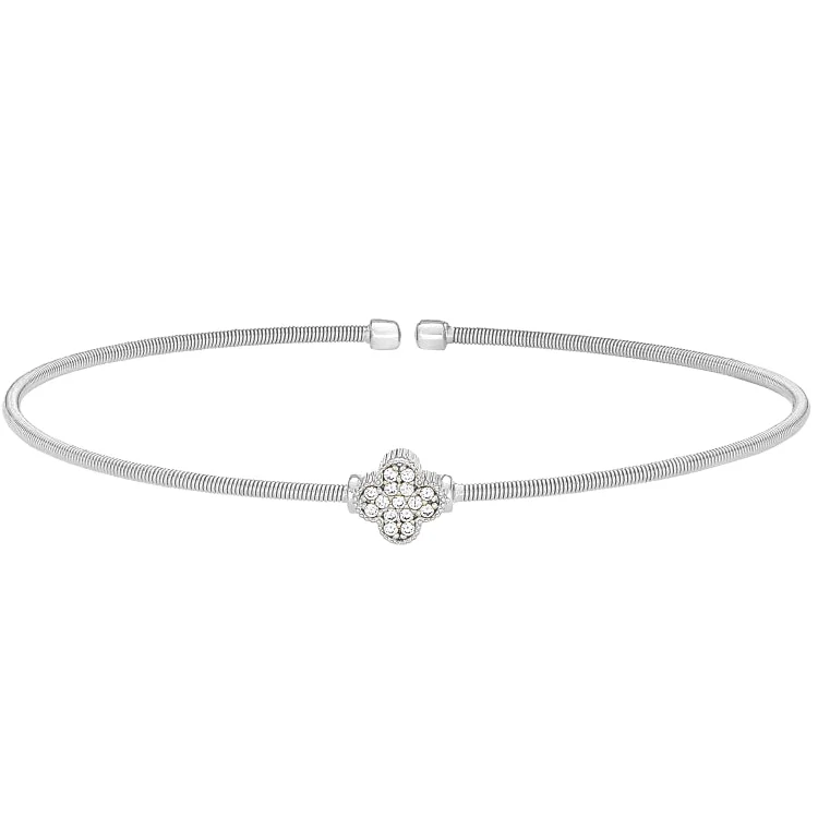 Rhodium Finish Sterling Silver Cable Cuff Bracelet with Simulated Diamond Clover Design