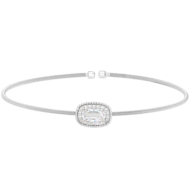 Rhodium Finish Sterling Silver Cable Cuff Bracelet with Oval Halo Simulated Diamonds