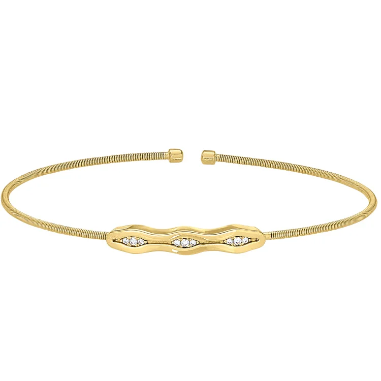 Gold Finish Sterling Silver Cable Cuff Bracelet with Simulated Diamonds & Polished Finish