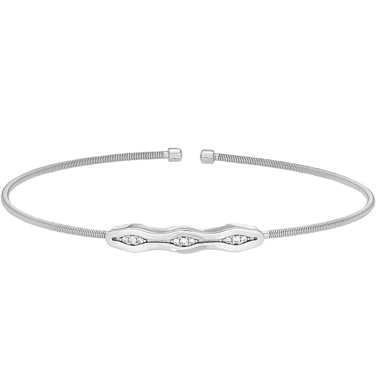 Rhodium Finish Sterling Silver Cable Cuff Bracelet with Simulated Diamonds & Polished Finish