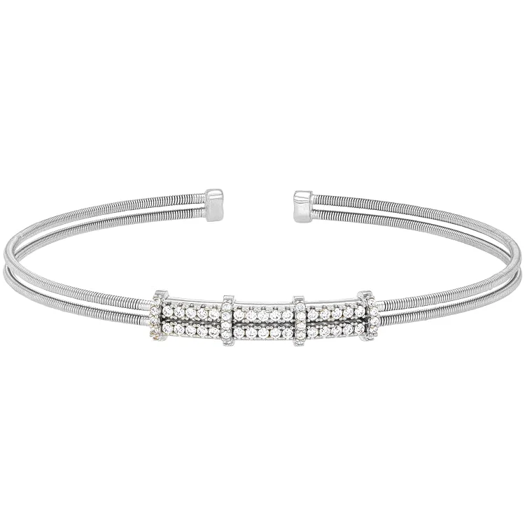 Rhodium Finish Sterling Silver Two Cable Cuff Bracelet with Two Row Simulated Diamond Pattern