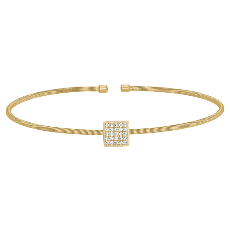 Gold Finish Sterling Silver Cable Cuff Square Bracelet with Simulated Diamonds