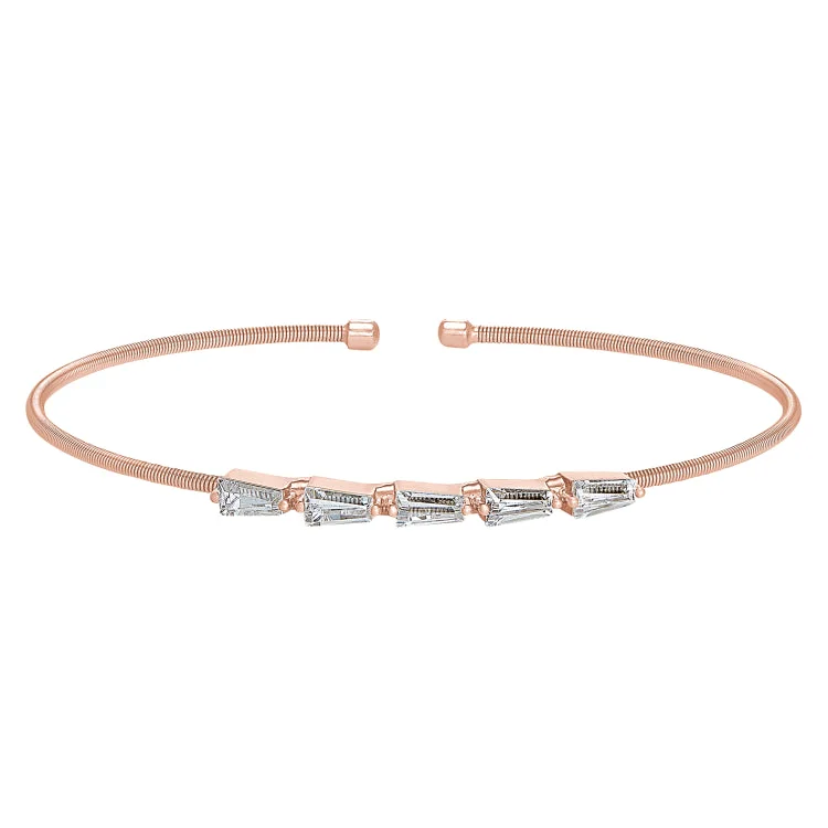 Rose Gold Finish Sterling Silver Cable Cuff 5 Tapered Baguettes Bracelet with Simulated Diamonds