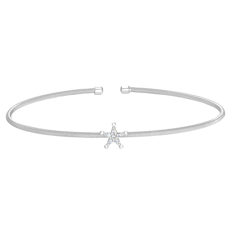 Rhodium Finish Sterling Silver Cable Cuff Star Bracelet with Simulated Diamonds