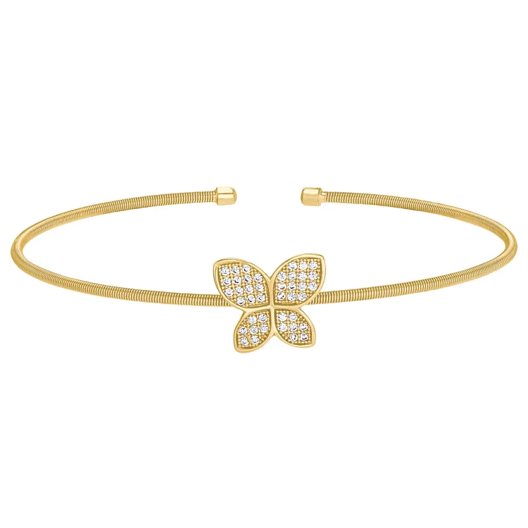 Gold Finish Sterling Silver Cable Cuff Butterfly Bracelet with Simulated Diamonds