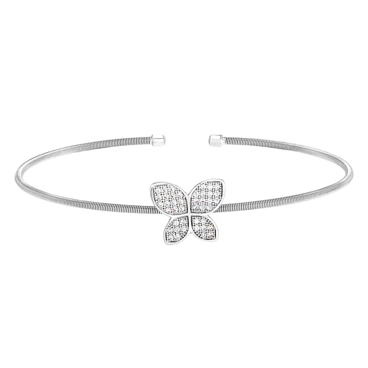 Rhodium Finish Sterling Silver Cable Cuff Butterfly Bracelet with Simulated Diamonds